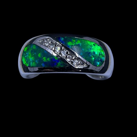 Lia Sophia Blue Green Inlay Ring Silver Tone Crystal Accent Modern Statement Chi - Picture 3 of 10